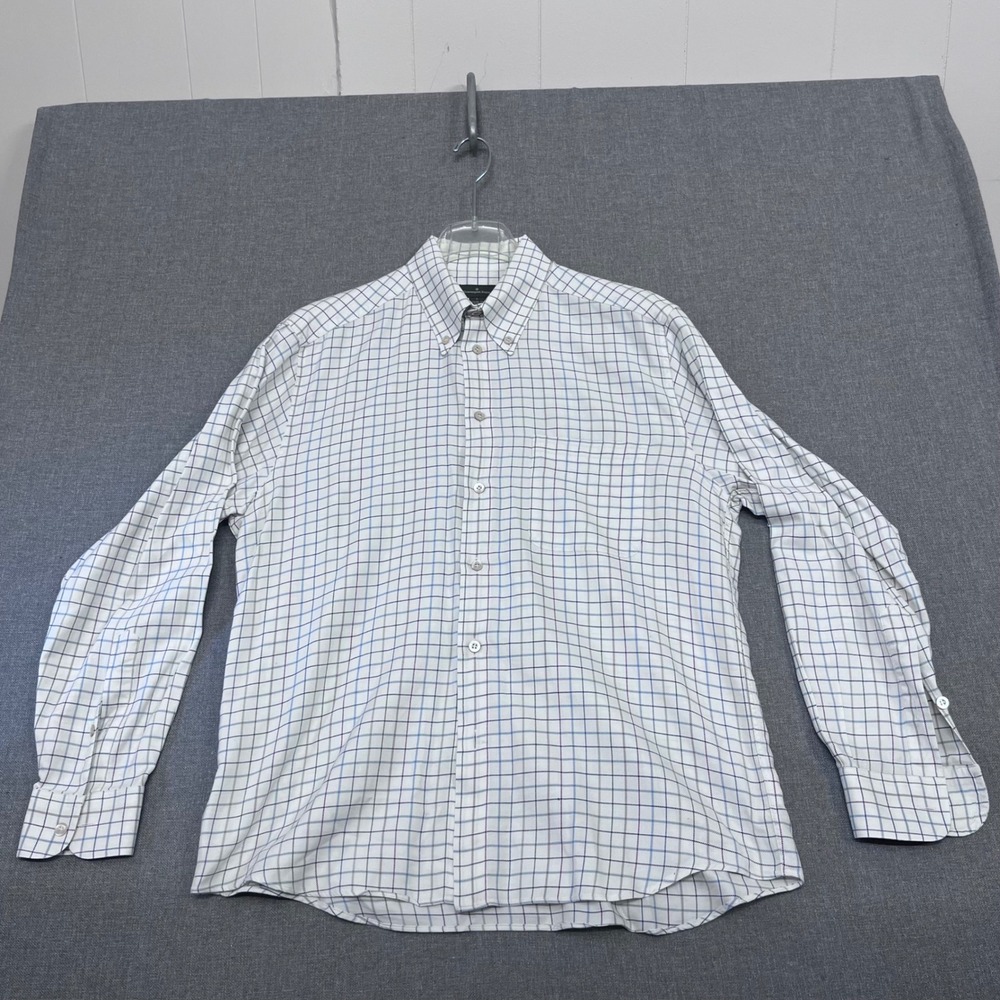 Ermenegildo Zegna Mens Large White Check Button Down Shirt Made in Italy